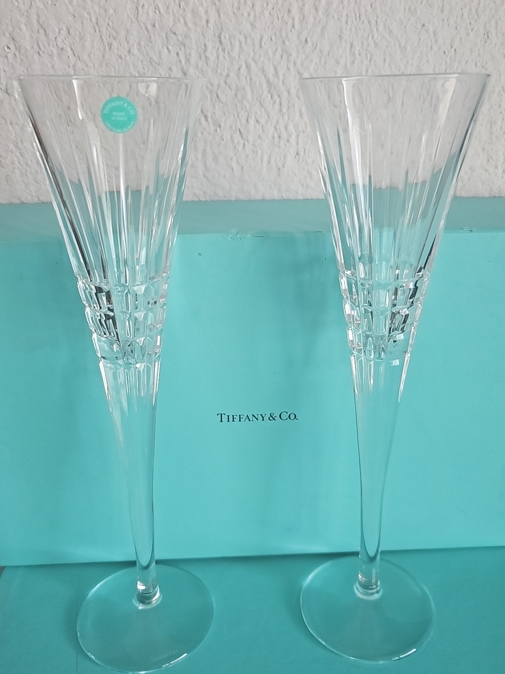 Tiffany & Co. Clear Crystal Fluted Champagne Glasses with Tiffany Blue Box